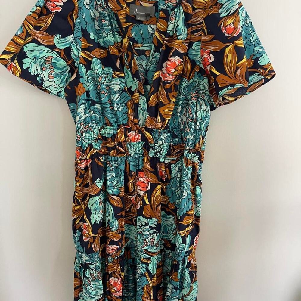 By Anthropologie Navy & Teal Floral Smocked Mini Dress — Size Small